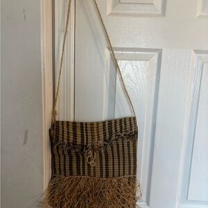 Woven Fringe Crossbody Bag in Natural Black
